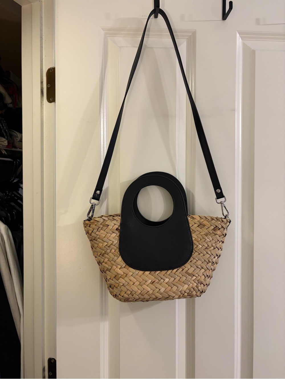 Mango Natural Straw Crossbody Tote with Black Trim